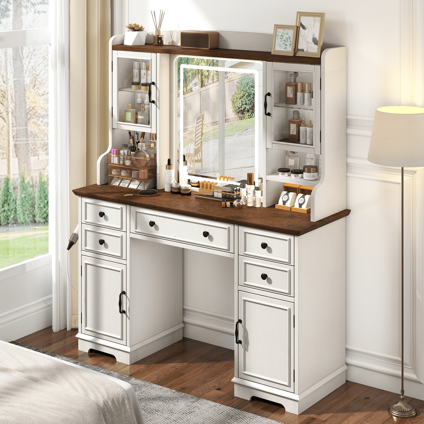 EnHomee Vanity Set with Mirror and Lights Farmhouse Vanity Desk with 5 Drawers & 2 Storage Cabinets Makeup Vanity Table with Lighted Mirror,White