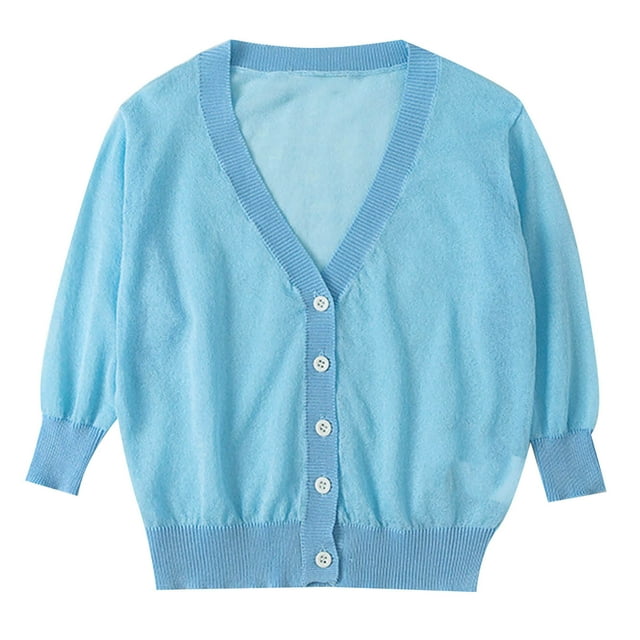 MeetoTime Kids Girls Lightweight Cardigan for Dress 3/4 Sleeve V-Neck Button Down Cover Up Knit Sweater