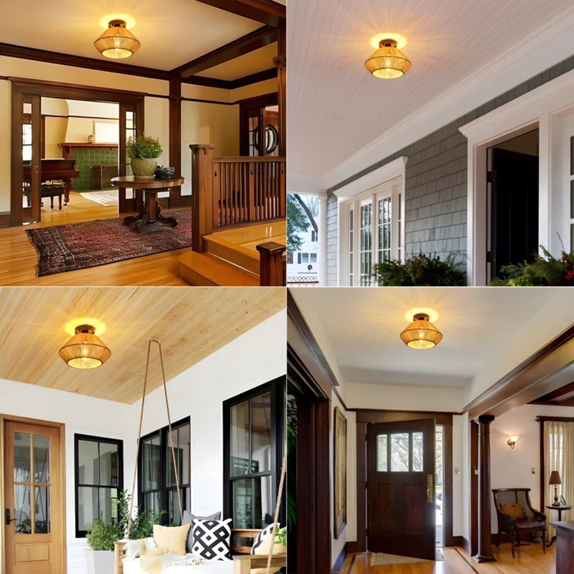 MultiEase Boho Ceiling Light Fixtures: Mini Rattan Chandelier - Woven Flush Mount Ceiling Lamp for Hallway Bedroom Kitchen Entryway Living Room