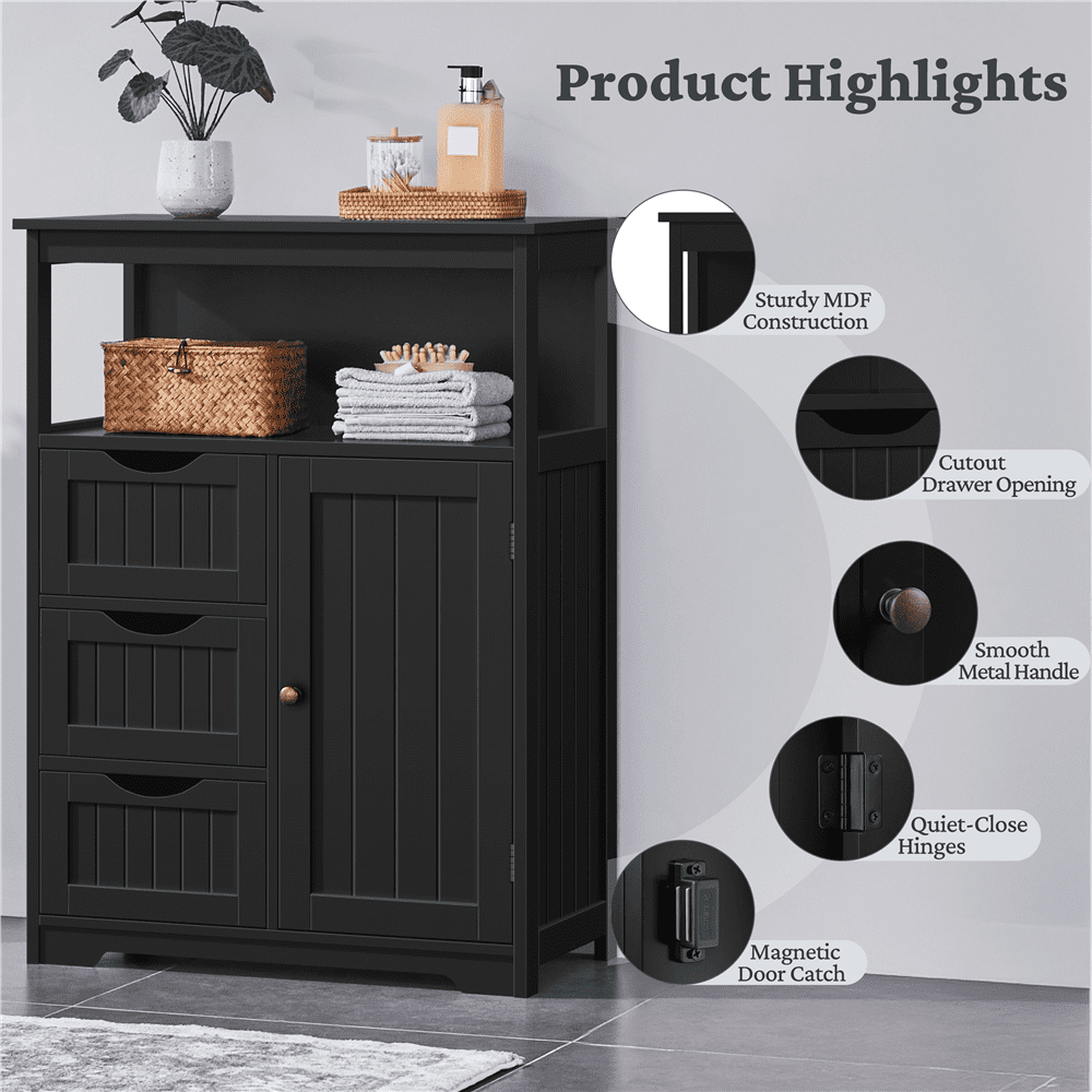 Alden Design 35.5" Height Bathroom Floor Cabinet with 1 Door and 3 Drawers, Black