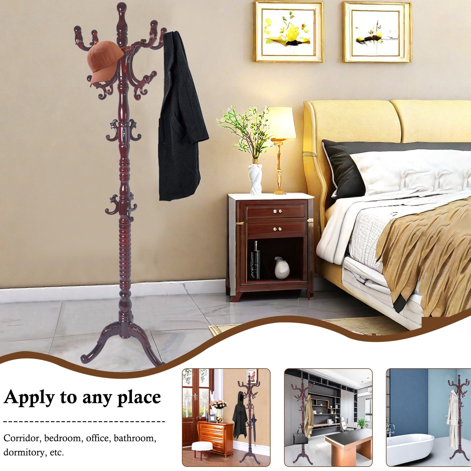 Freestanding Wooden Coat Rack, Natural Birch Wood Coat Tree with 14 Hooks, Sturdy Hall Tree for Entryway & Office