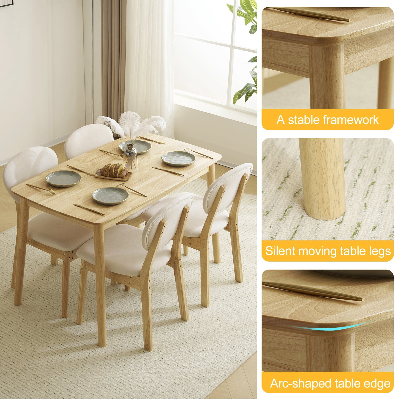 Ktaxon Dining Table Set for 4 Solid Wood Dinner Table with Padded Chairs for Home Kitchen Restaurant 47" Wood Color