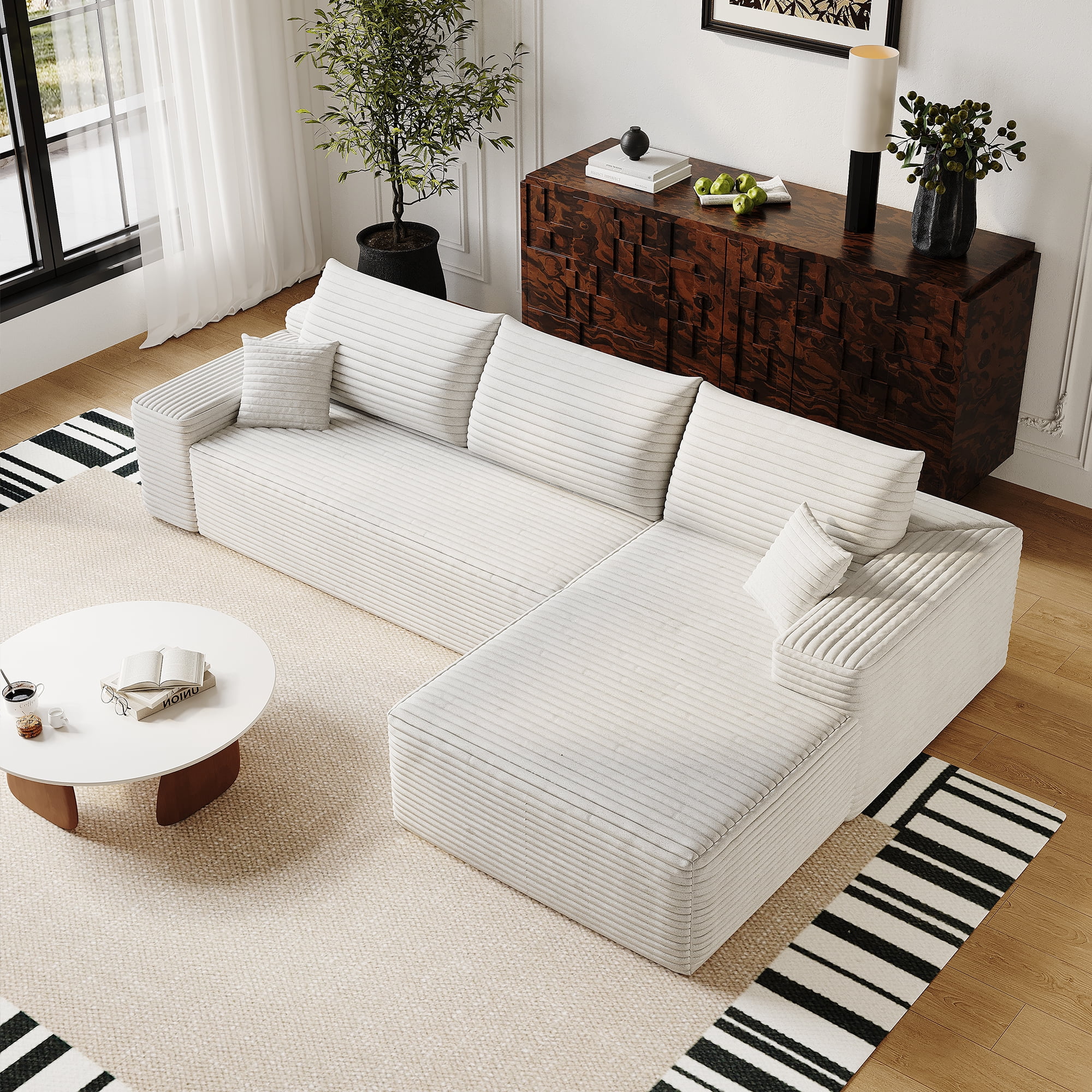 MAYEERTY 107" Cloud L-Shaped Modular Sectional Sofa with Chaise, Plush Corduroy Deep Seat 3-Seater Couch, Sofa for Living Room Bedroom, No Assembly Required, White