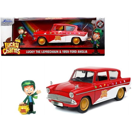 Lucky Charms 1959 Ford Anglia Red and White with Lucky the Leprechaun Diecast Figurine Red – Jada Toys 32200 – 1/24 scale Diecast Model Toy Car Lucky Charms 1959 Ford Anglia Red and White with Lucky the Leprechaun Diecast Figurine Red – Jada Toys 32200 – 1/24 scale Diecast Model Toy Car
