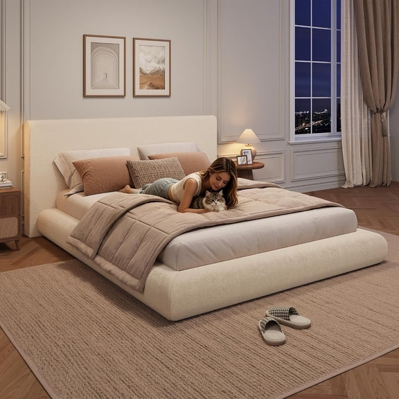 King Cloud Upholstered Platform Bed Frame, Soft Padded Curved Headboard, Low‑Profile Metal Bed Frame, 990 Lbs Capacity, Noise‑Free, No Box Spring Needed, One‑Box Compressed Delivery,Beige