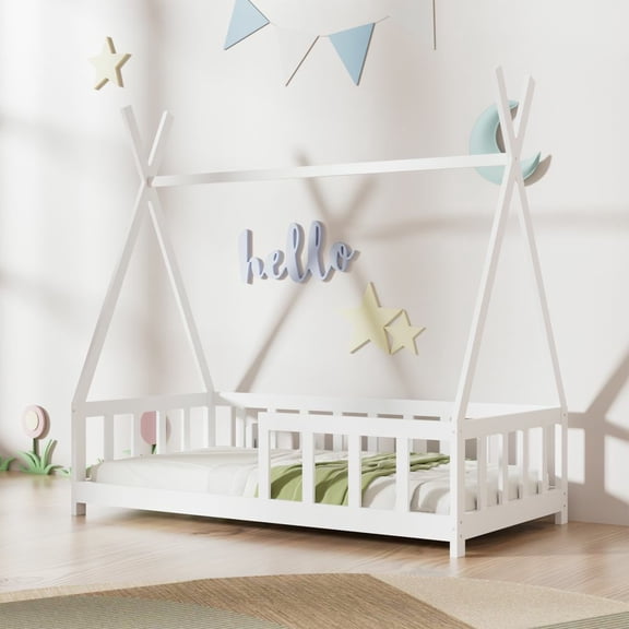 MIDOQIN Montessori Floor Bed, Solid Pine Wood House Bed Frame, Low Platform Tent Bed with Slats and Guardrail for Girls, Boys, Kids, Toddlers, 61.4" x 33.8" x 64.5", White