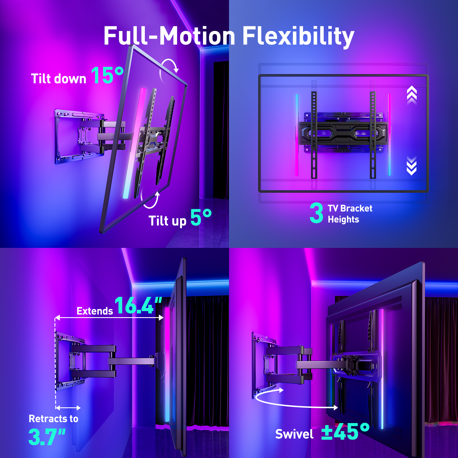 PERLESMITH Full Motion TV Wall Mount for 32-65″ TVs up to 88lbs. Features RGB/LED Lights, Swivel, Tilt, Leveling, Extension, VESA Compatible 100x100-400x400mm, Fits 12&16 On Center Wood Stud Widths