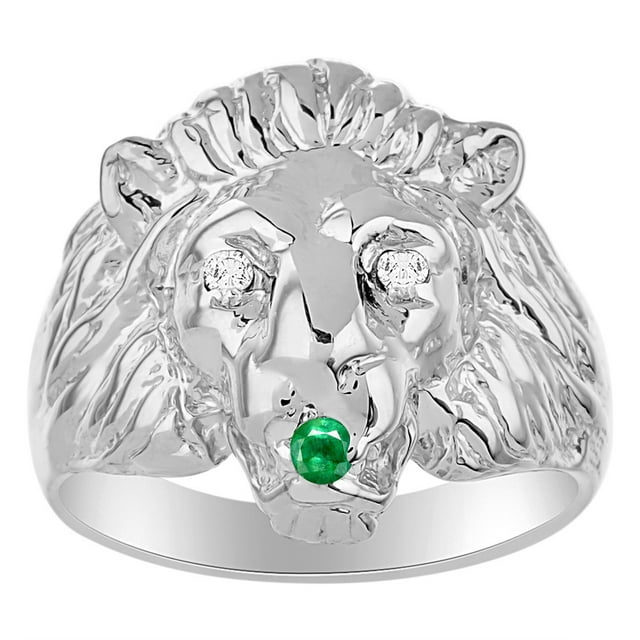 RYLOS Rings Sterling Silver Lion Head Ring Amazing Conversation Starter Diamonds Eyes & Emerald Mouth Rings Size 9