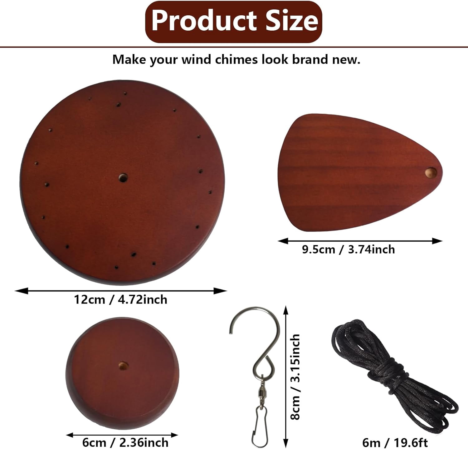 Wind Chime Replacement Parts, 28 PCS Windchime Repair Kit Including Round Top, Clapper, Catcher, 19.6FT Nylon Cord, DIY Supplies (Dark Brown)