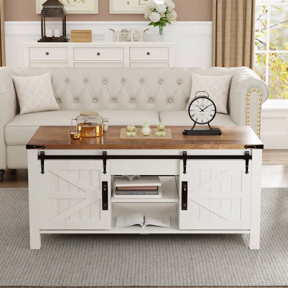 OKD 48" Farmhouse Lift Top Coffee Table with Sliding Barn Door, Rustic Center Table with Hidden Storage Compartment for Living Room, Office, Antique White
