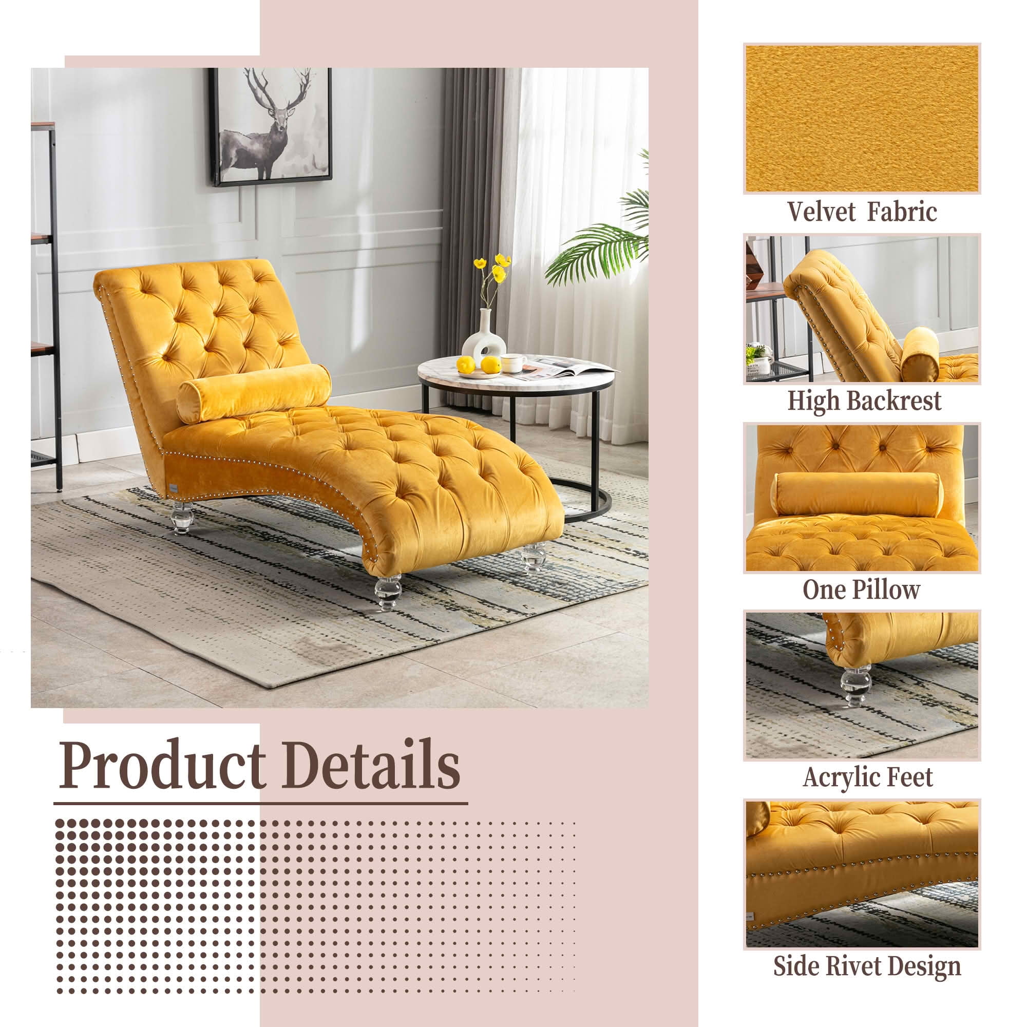 MAYEERTY Velvet Button Tufted Chaise Lounge with Pillow, Ergonomic S-Shape Indoor Lounge Chair with Wood Frame Acrylic Legs for Bedroom Living Room Office