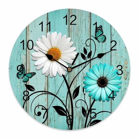 Wall Clock Daisy Flower Butterfly Clocks PVC Silent Non Ticking Battery Operated Teal Blue Rustic