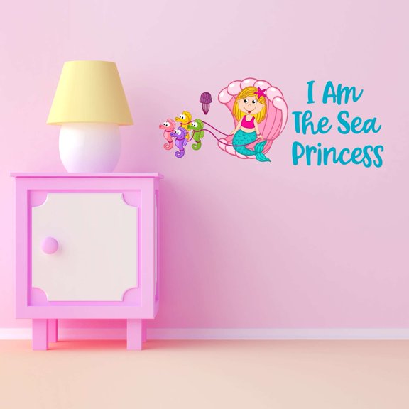 I Am The Sea Princess Mermaid Half Shell Seahorse Sled Statfish Princess Fish Starfish Queen Sweet Dreams Bedtime Unicorn Lovely Dear Dream Holiday Decorating Wall Decal Sticker - Size: 20 In X 8 In
