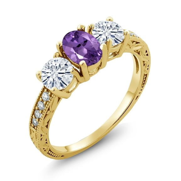 Gem Stone King 18K Yellow Gold Plated Silver 3-Stone Ring Amethyst Moissanite(1.87 Cttw) (Size 6)