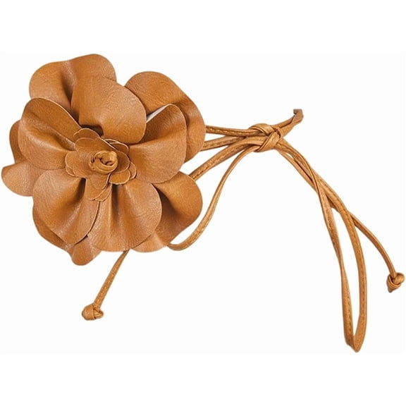 0.3 Inch Big Flower Decor Skinny Waistband Brown Boho Flower PU Leather Waist Belt Thin Elegantes Belts Slim Leather Rope Tassel Waist Strap Band