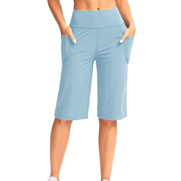 Kinrui Women's Bermuda Long Shorts with Pockets High Waisted Athletic Knee Length Yoga Shorts Sky Blue 2XL