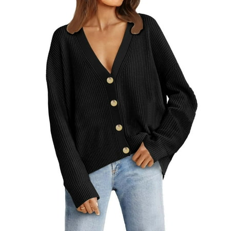 

Women S Cardigans Elegant Casual Cozy Solid Color Button Down Cardigan Black Xxl