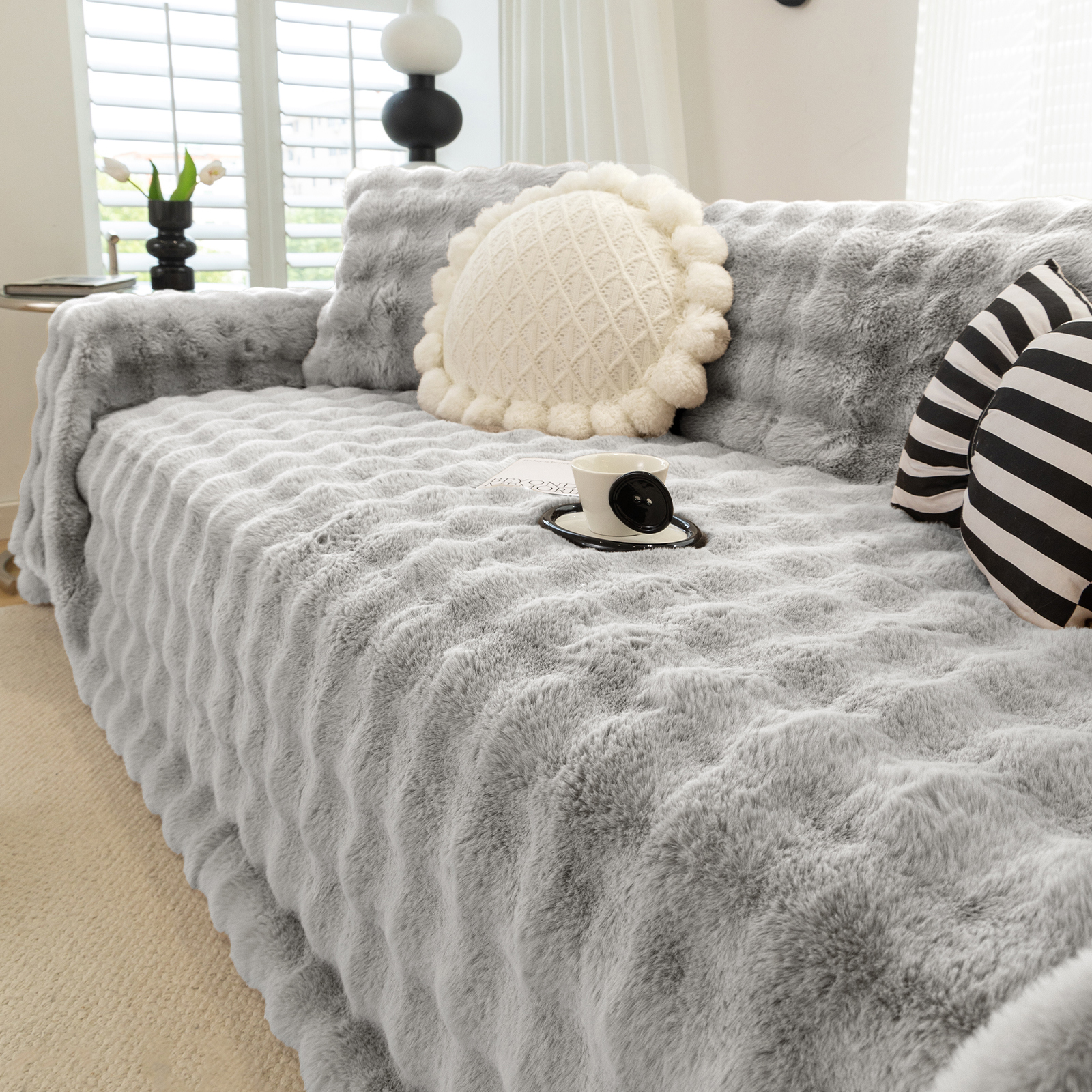WOOW DEPOT Warm Faux Rabbit Fur Sofa Cover Machine Washable, Thick Throw Blanket L Shape Slipcover for 2 - 3 Cushion Couch, Light Gray 71"x118"