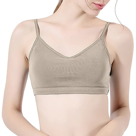 BYHONG V Neck Sports Bras for Women Thin Straps Padded Yoga Bra Basic Wireless Bra Camisole Khaki XL