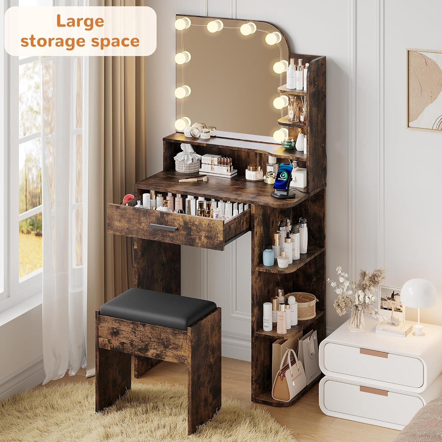 Akaber Vanity Set with Mirror and Lights, Small Makeup Vanity Desk with Stool, Charging Station, Vanity for Small Spaces