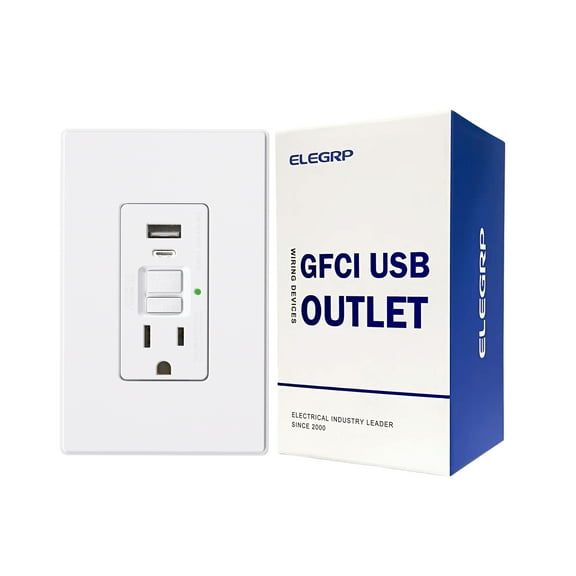 ELEGRP 15 Amp GFCI Outlet & 24W In-Wall USB Charger combo Receptacle Type A & Type C, Midsize Screwless Wall Plate included, UL & CUL Listed, White, 1 pack
