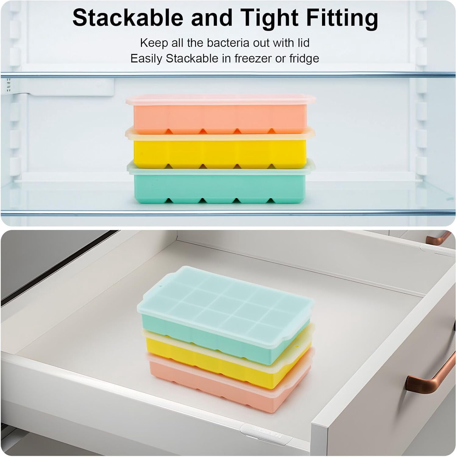 3-Pack Silicone Ice Cube Trays with Lids – 45 Cubes, Easy-Release, Leakproof – BPA-Free – Multicolor – 9.44"L x 8.26"W x 1.57"H