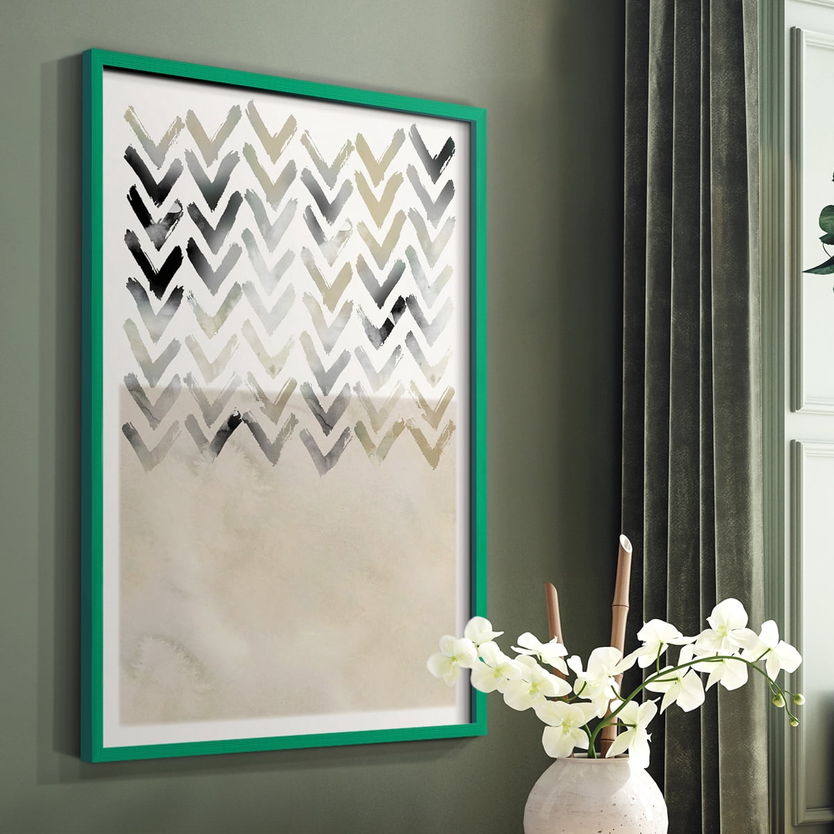 Neutral Chevron in Green Solid Wood 8 x 10 Framed Print