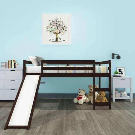 Kids Loft Bed with Slide  Twin Loft Bed with Staircase Safety Guard Rail Multifunctional Design Furniture for Kids Toddlers Teens Bedroom Guest Room Espresso