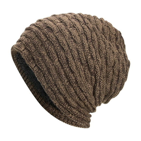 Xfvqtps Mens Beanie Knitted Mixed Color Horizontal Stripe Plush Lining Thickened Slouchy Stretch Fashion Windproof Coldproof Outdoor Warm Winter Hat Khaki