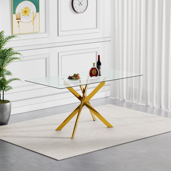 51" Rectangular Glass Dining Table for 4 with Gold Metal Legs, Modern Clear Tempered Top