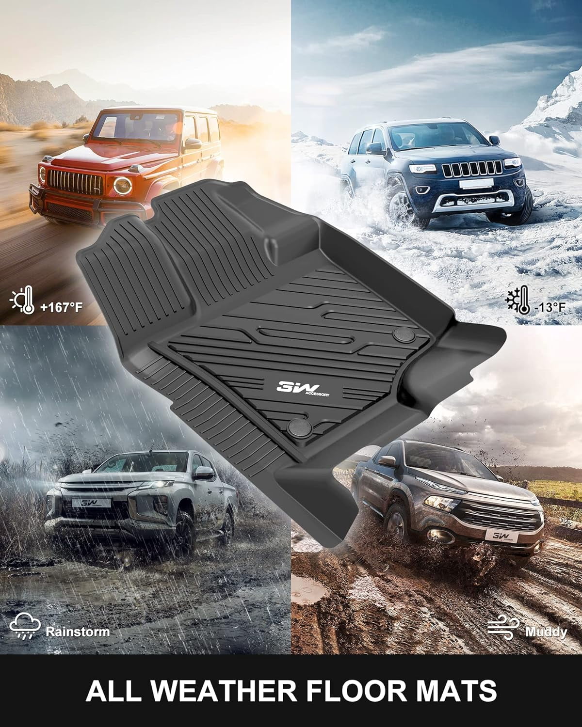 3W Floor Mats for Ford F150 SuperCrew Cab 2015-2025 TPE All Weather Custom Fit 1st and 2nd Row Full Set Car Liners Black