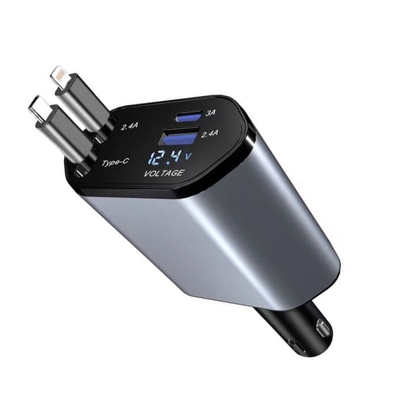 TSBIFV 4-in-1 Retractable Car Charger, 120W Fast Charging Adapter with Built-In Lightning and USB-C Cables, Dual Charging Ports for Phones and Tablets