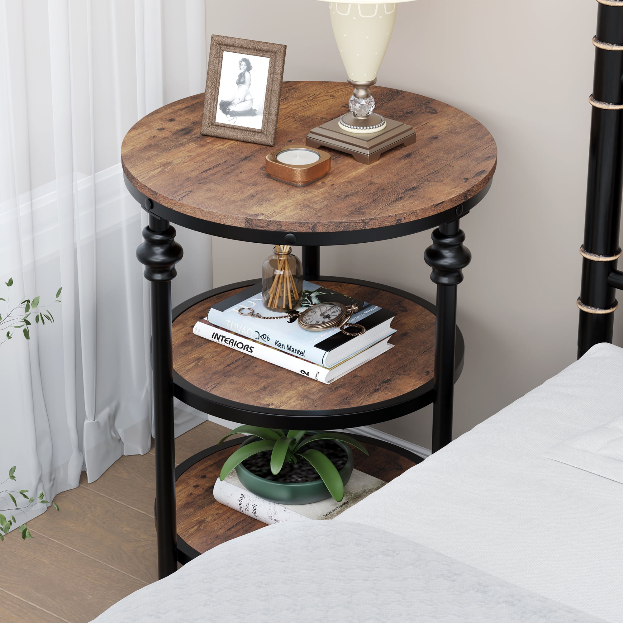 DSstyles End Table 3 Tier Round Side Table Living Room Accent Table with Storage Shelf and Metal Industrial Wood Bed Side Table Night Stand for