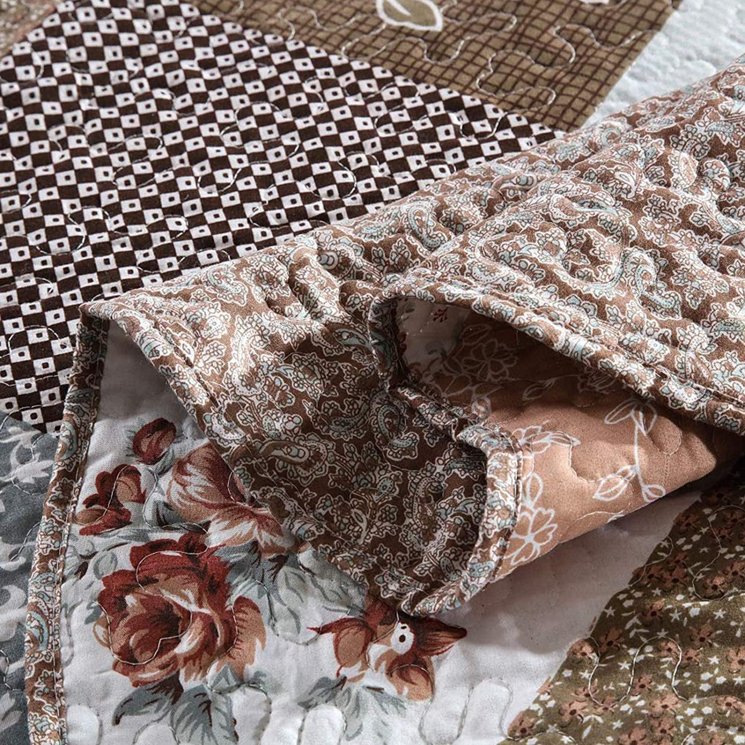 EWAYBY King Quilt Bedding Set 3-Piece Bedspread Coverlet Set Reversible Floral Patchwork Quilt Sets, Coffee