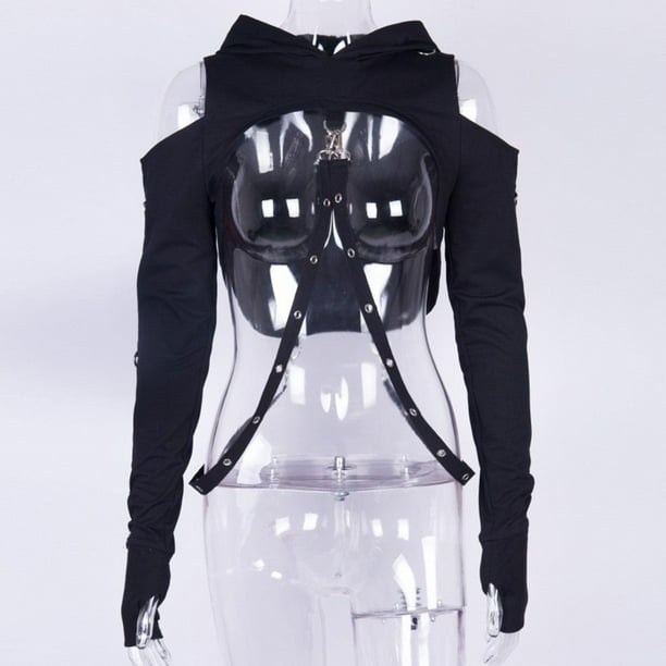 capucha informales Crop Top Pullover Mangas largas Ropa de baile Tops Cadena desmontable negra Mujeres Jumpers para vacaciones medio Baoblaze Top corto con capucha para mujer Bodega Aurrera en linea