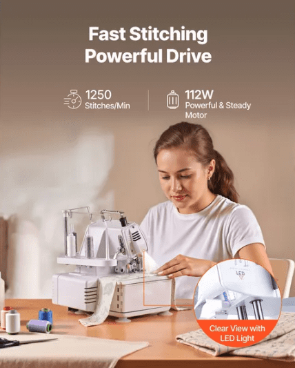 Sewing Machine 1250 Stitches Per Minute 3 and 4 Thread Serger Overlock Machine with LED Light & Strong Suction Feet Heavy-Duty Metal Frame for Multiple Fabrics White