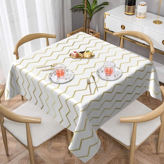 Chevron Stripes Lines Gold Metallic White Elegant Soft Tablecloth Square Dinng Table Covers for Kitchen & Table Linens 60" x 60"