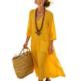 thumbnail image 5 of KHONTS Women's 3/4 Sleeve Summer Maxi Dress Plus Size Casual Linen Flowy Beach V-Neck Dress with Pockets Yellow XL, 5 of 9