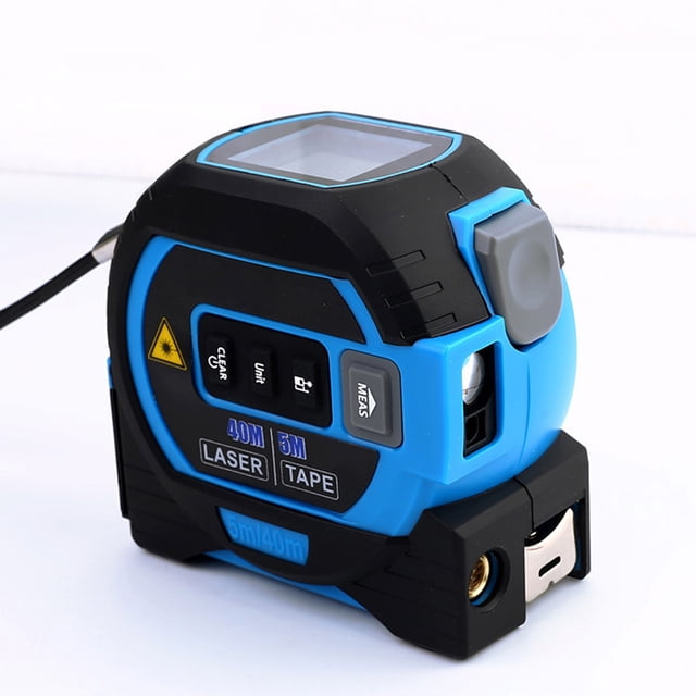 cinta métrica láser 3 en 1 con pantalla digital multifuncional, medidor de distancia láser de líneas cruzadas de 131/196 pies para medición pitagórica de área y volumen — Dispositivo negro y azul en vista 3/4 con carcasa de silicona, pantalla LCD superior, botones frontales, emisor láser lateral y hoja metálica retráctil de 5 m en la base; adecuado para obras, carpintería y reparaciones domésticas.