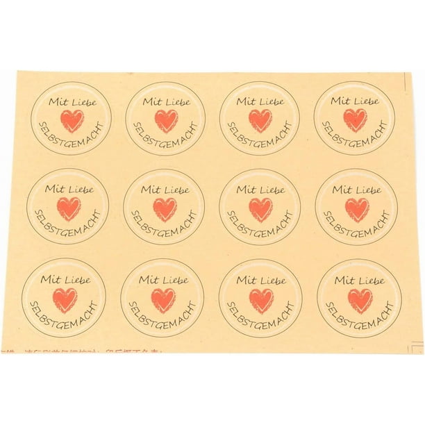25 hojas (300 unidades), pegatinas autoadhesivas en alemán "Hechas con amor", pegatinas de corazón para el hogar y la cocina.