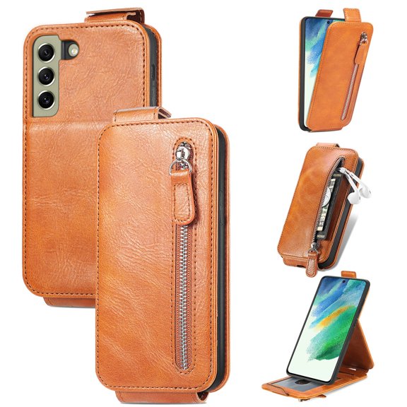 SaniMore for Samsung Galaxy S21 FE Magnetic Closure Top & Bottom Flip Wallet Case, Premium PU Leather Cover with Car Mount Card Slot & Adjustable Kickstand Full Body Protective Shell, Brown