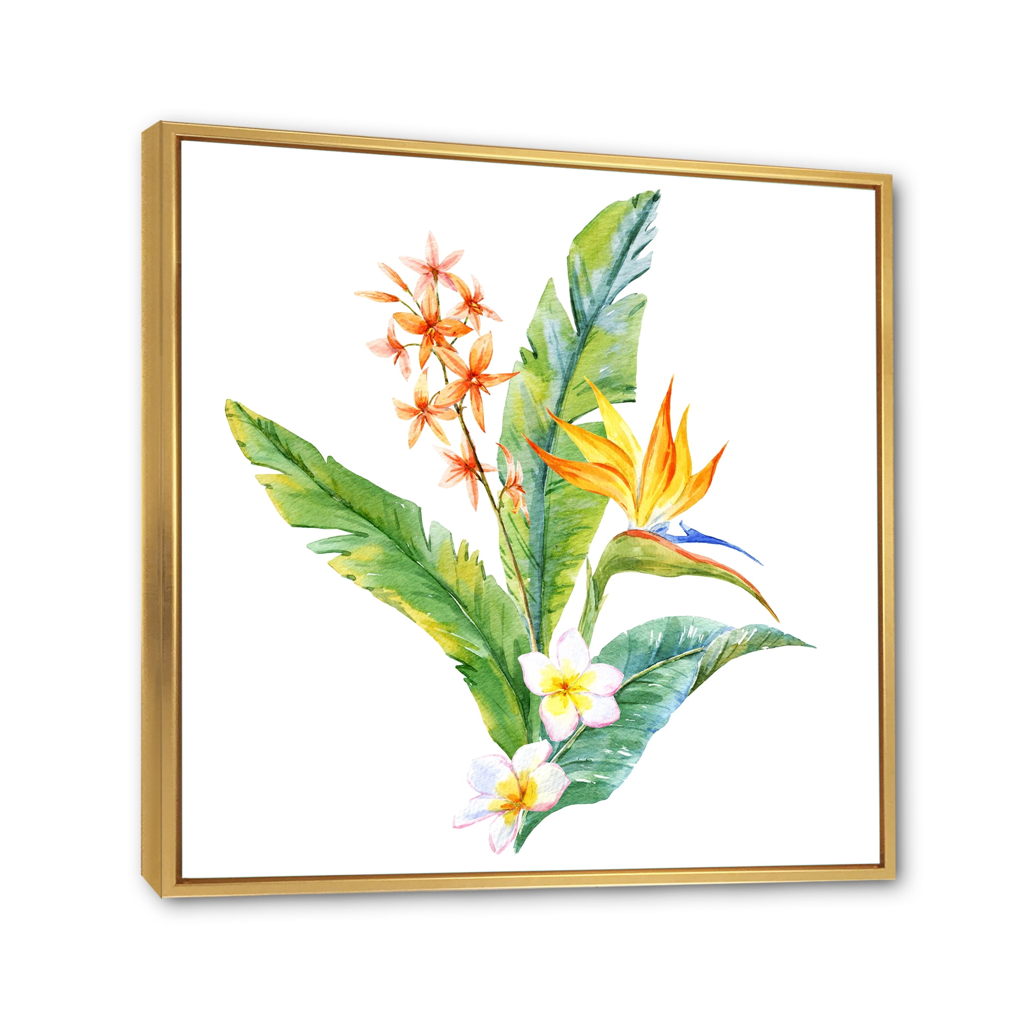 Designart 'Green Leaves With Tropical Yellow Flowers I' Traditional Framed Canvas Wall Art Print