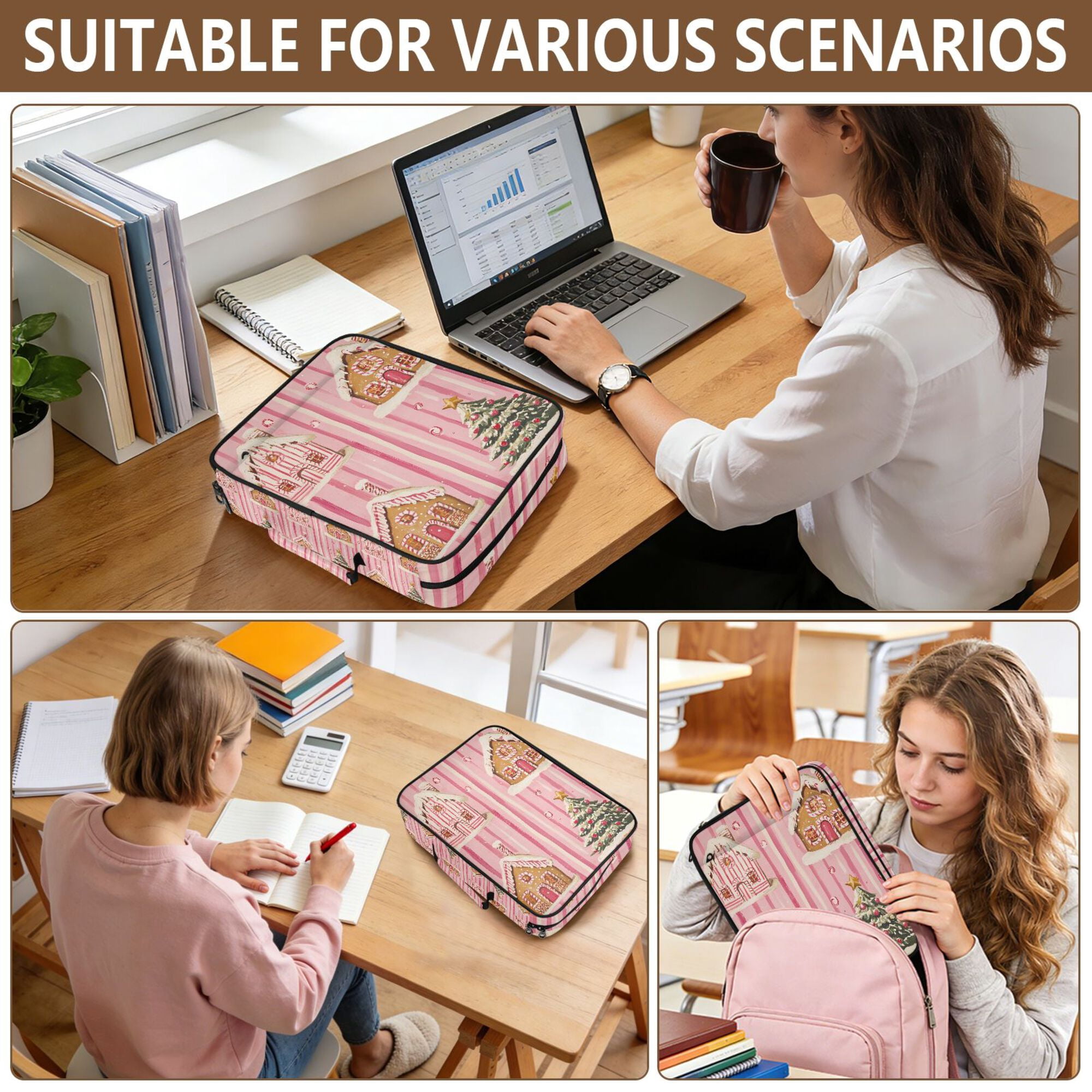 FORMRS Accordion File Folder A4 Size 7-Pocket Expanding Document Organizer Bag with 3 Ring Binder, Gingerbread Houses