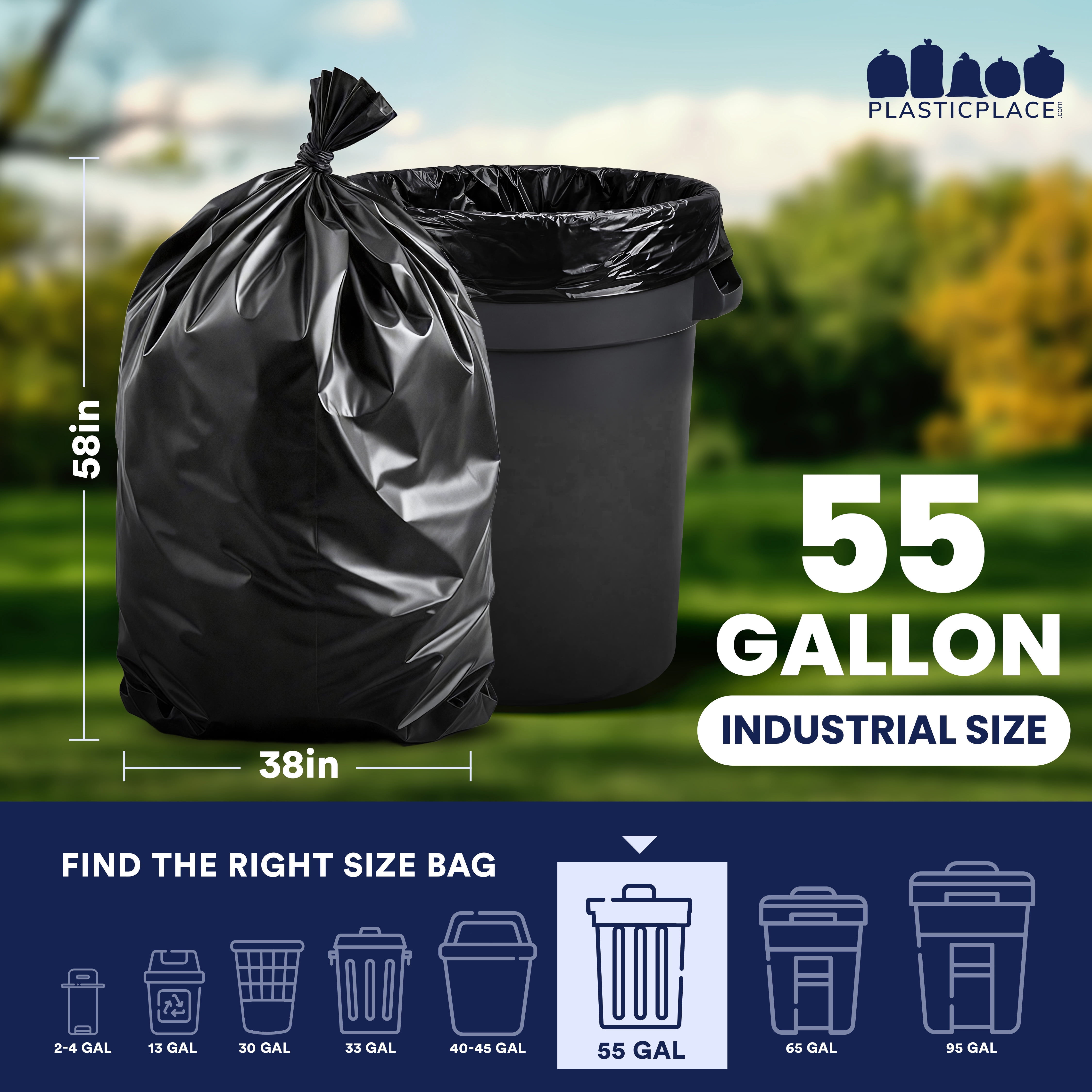 Plasticplace 55-60 Gallon Trash Bags, Heavy-Duty Black Garbage Can Liners , Extra-Thick, Puncture & Tear Resistant , 38” x 58” (100 Count) for Industrial, Commercial & Outdoor Yard Waste Use 2.0 Mil