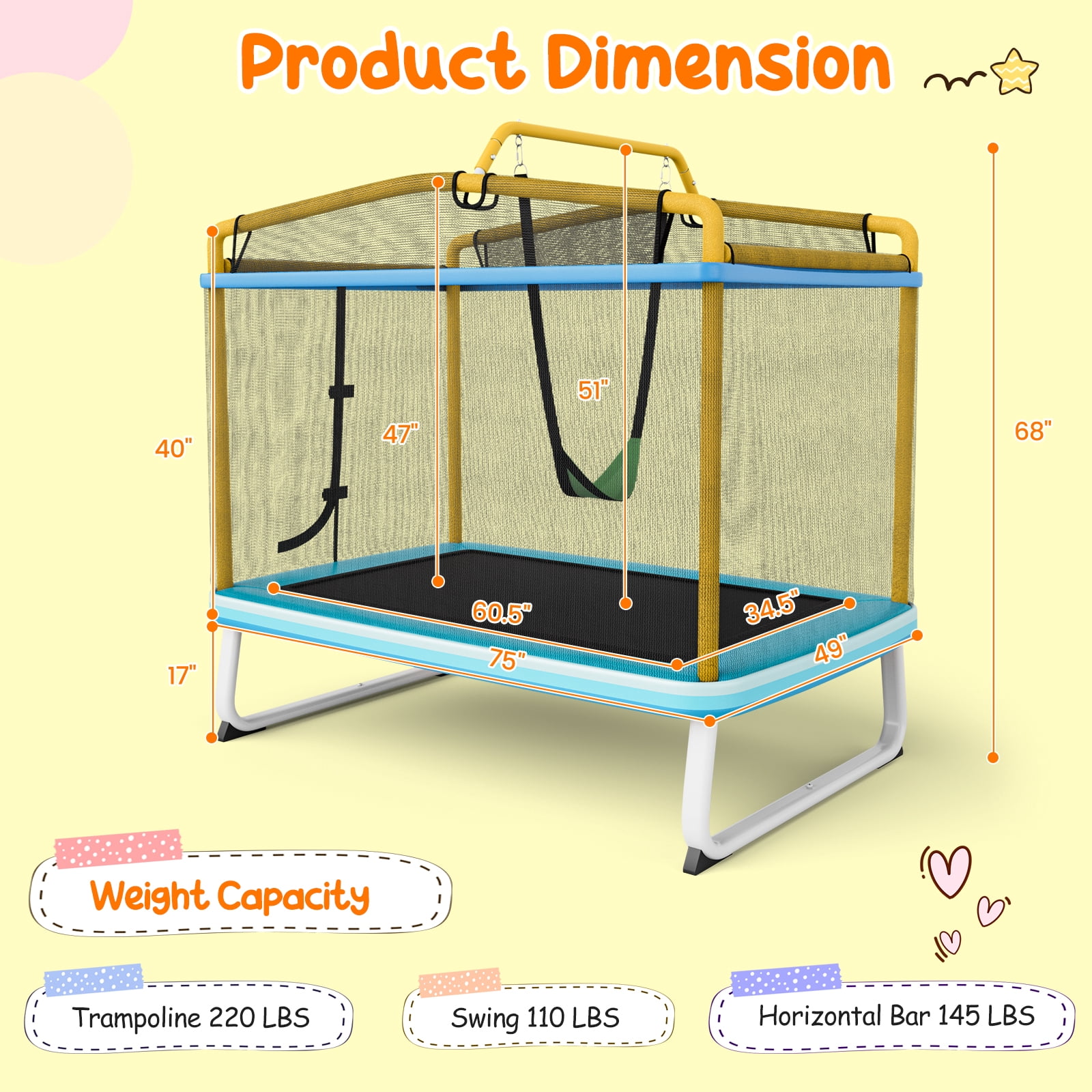 Infans 3-in-1 6FT Rectangle Kids Trampoline W/Swing Horizontal Bar & Safety Net Outdoor
