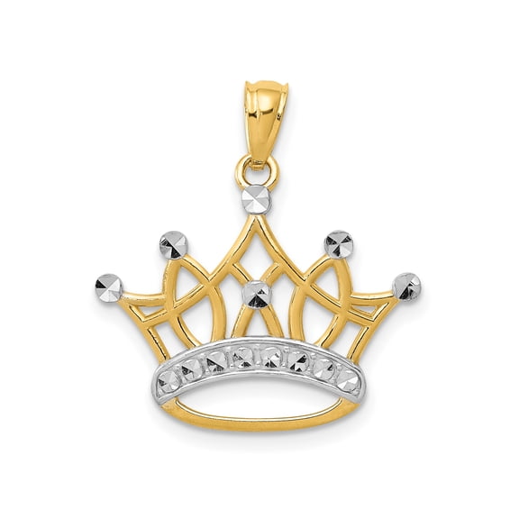 14k Yellow Gold Openwork Crown Pendant Charm, Diamond-Cut Two-Tone Regal Design