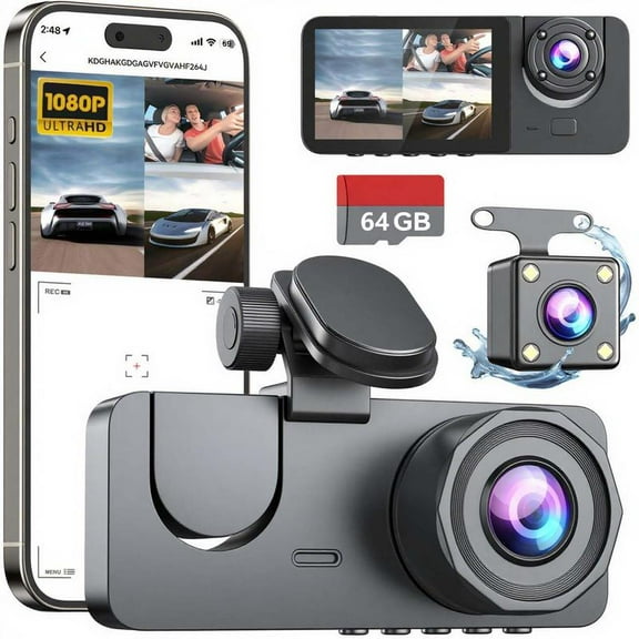 Full HD 1080P Dual Camera Dash Cam, Loop Recording and 64GB Memory Card, Car Rear View Camera, Driving Recorder, WIFI-APP, DVR