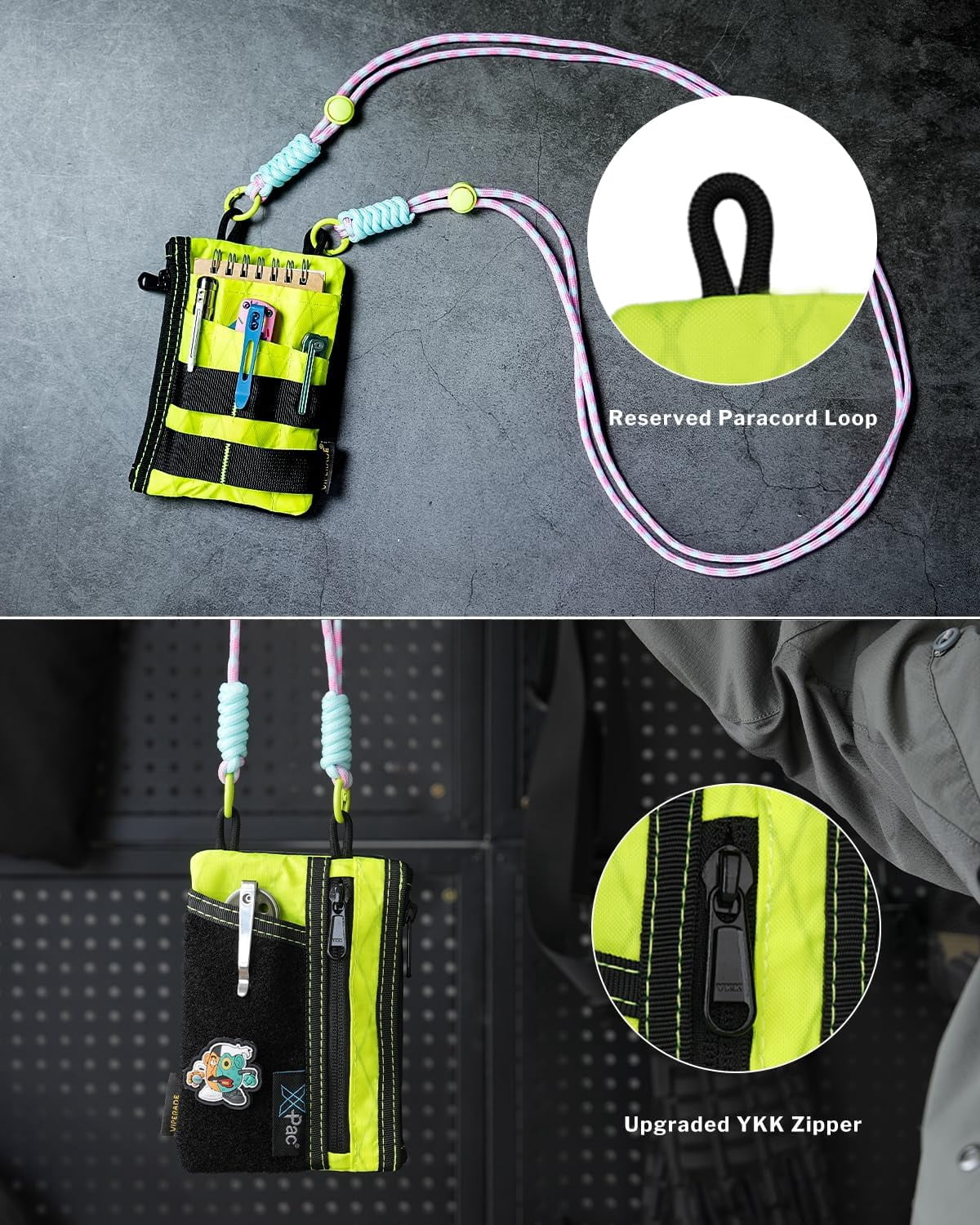 VIPERADE EDC Pocket Pouch with Strap, 5 EDC Pocket with 2 Zipper Pockets, Pocket Ogranizer for Men, Small EDC Sling Organizer Bag, Slim EDC Wallet Multitool Pocket Pouch (XPAC-Hot Lime)