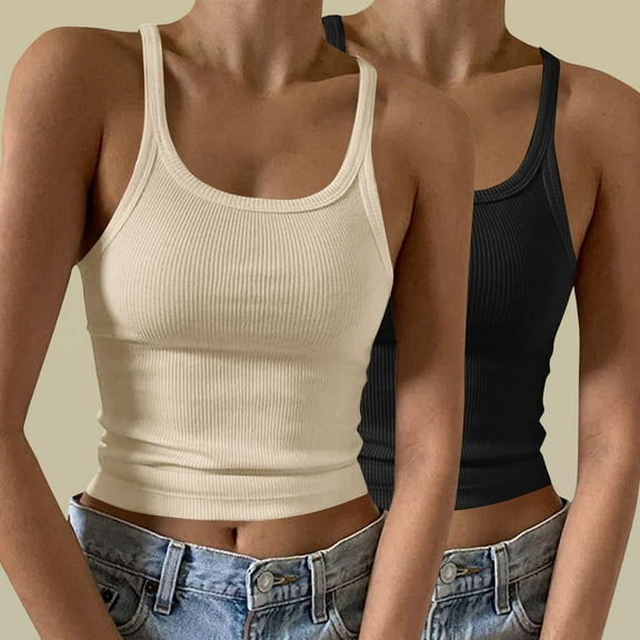 QUINDOS Ribbed Womens Tank Tops Athletic 2 Pack Summer Womens Camisoles MultiPack Exercise Sleeveless Spaghetti Strap Crew Neck Shirts Tops Slim Fitted Solid Color Undershirts