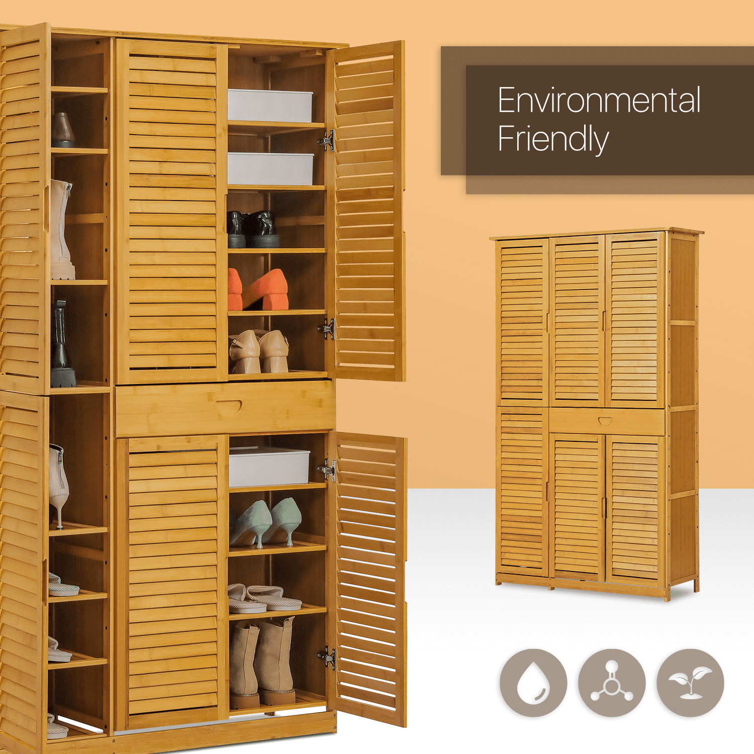 26 Natural Bamboo[BOOTS STORAGE]Dual Shutter Doors 3-Tier Shoe Cabinet  w/Drawer